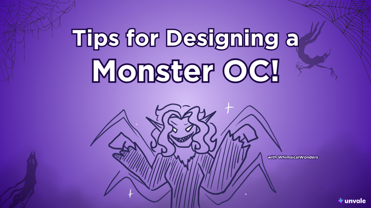 Light and dark purple gradient background. Text reads "Tips for Designing a Monster OC!". A doodle of a monstrous Whimsy who is totally scary!!