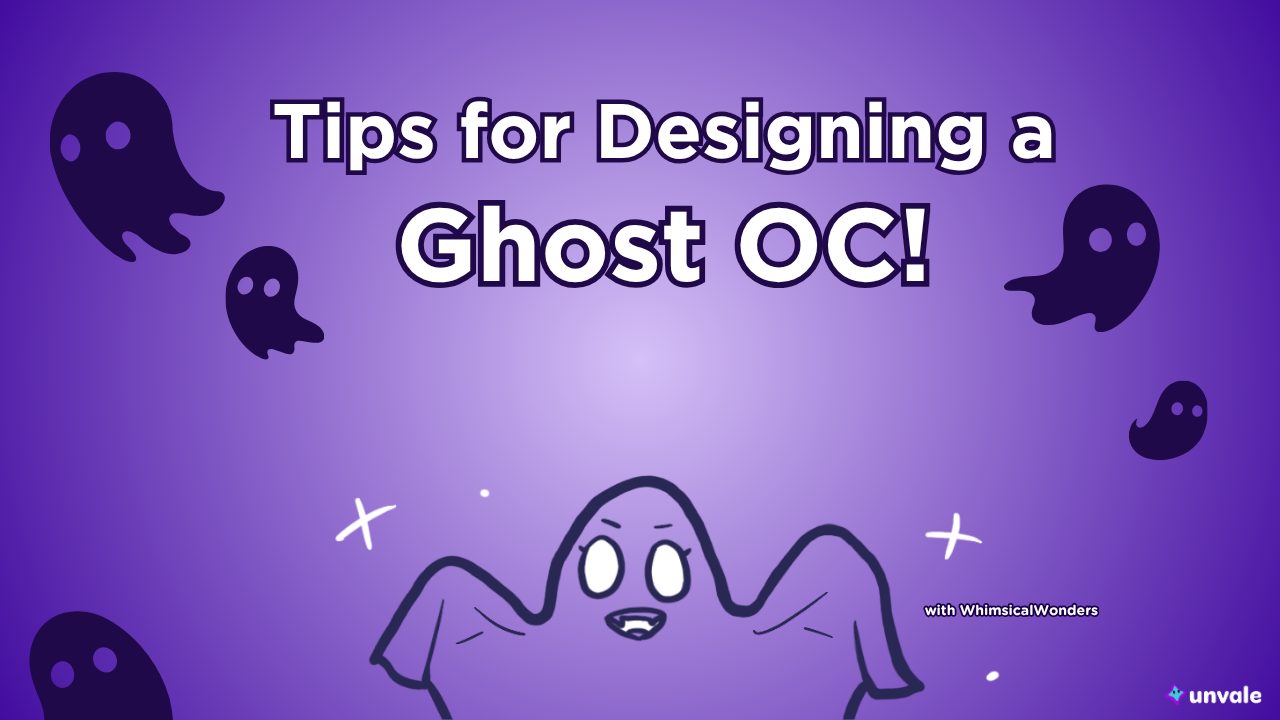 Light and dark purple gradient background. Text reads "Tips for Designing a Ghost OC!". A doodle of a scary ghost that's totally not Whimy surrounded by other ghosts.