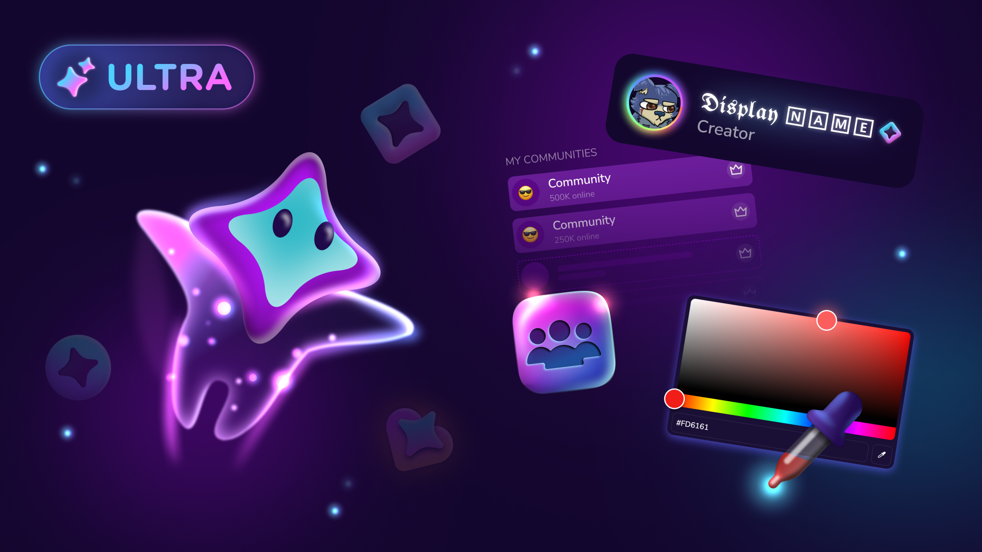 Lumi floating with the Unvale Ultra logo above. To the right there are examples of the color picker, custom display names, and the communities feature.