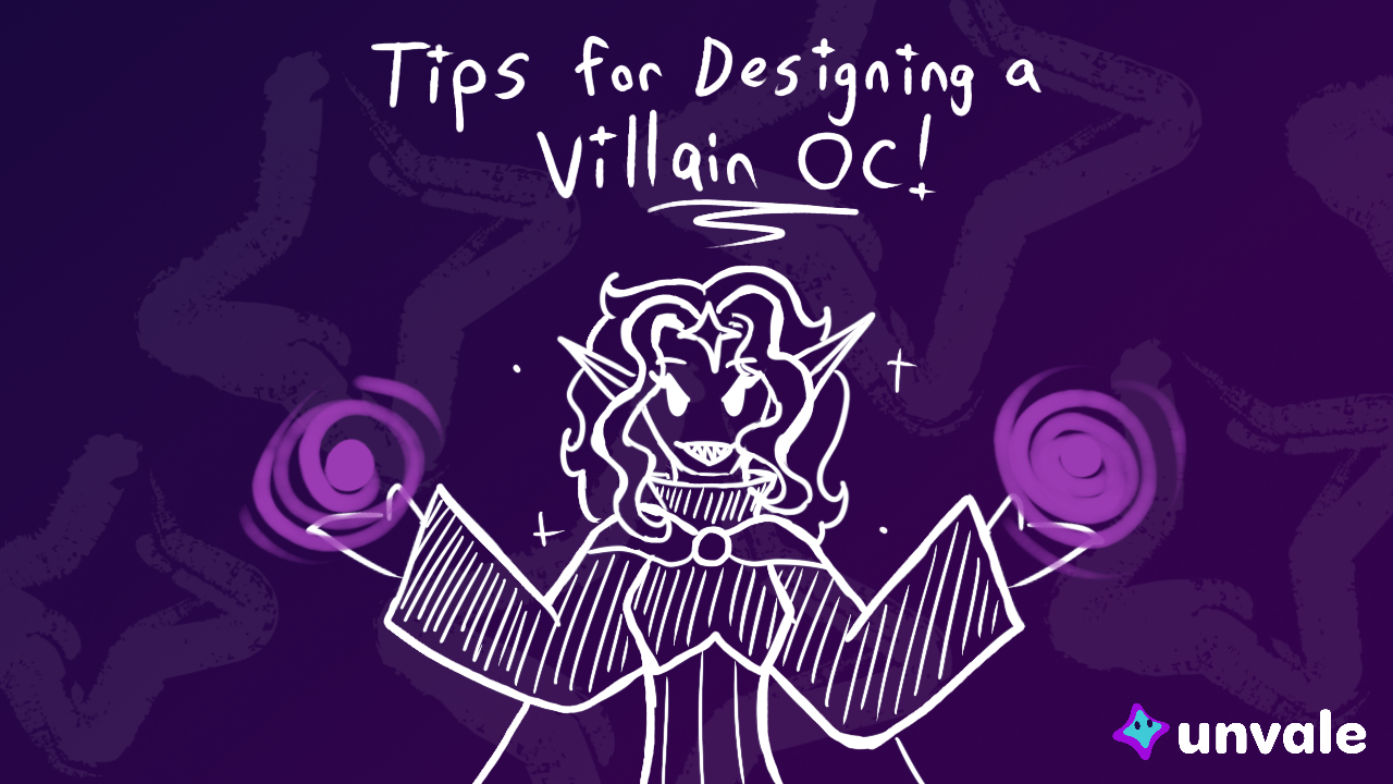 Image features a doodle of the blog writer in a villainous outfit, under the text “Tips for Designing a Villain OC!”