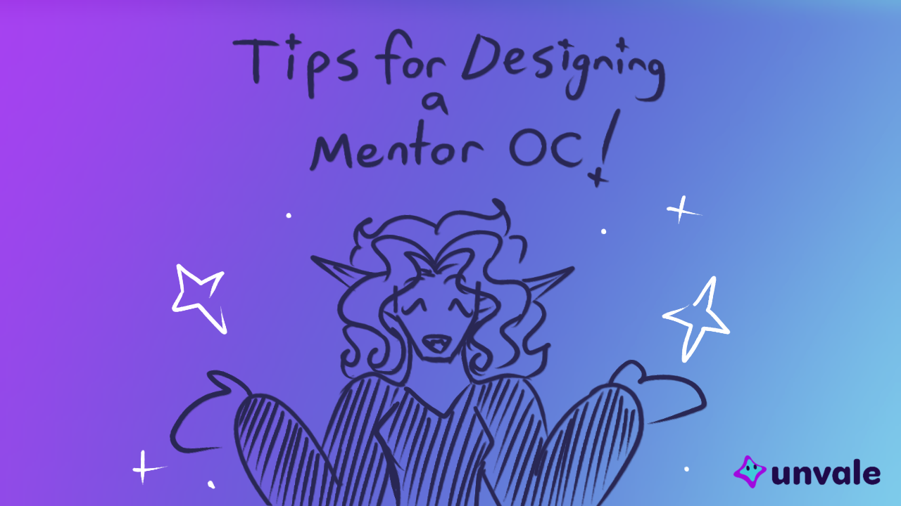 Image depicts a doodle of the blog writer with some stars as well as the text "Tips for Designing a Mentor OC!"