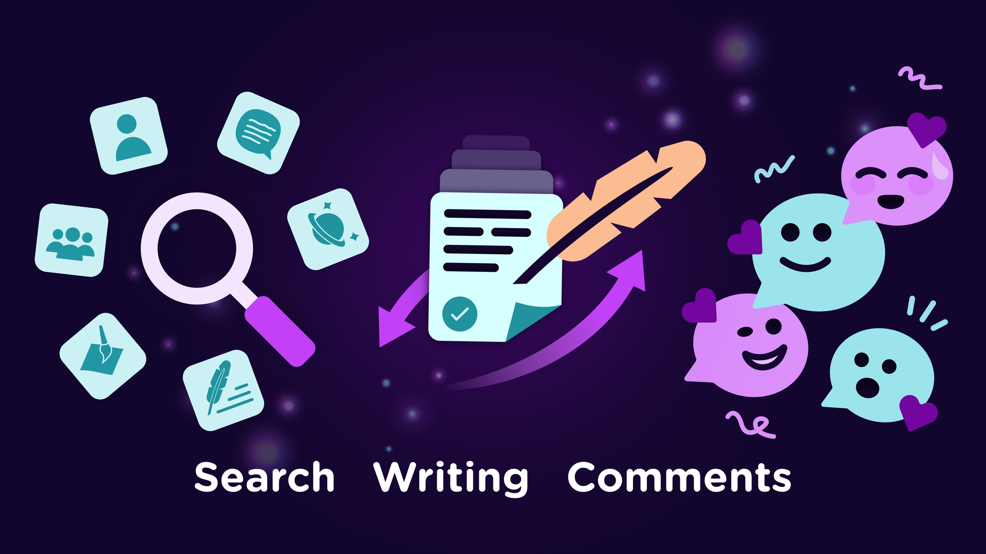 A search icon surrounded by Unvale icons next to a writing icon, and a bunch of faces on different color comment chat bubbles. Underneath it says "Search Writing Comments"