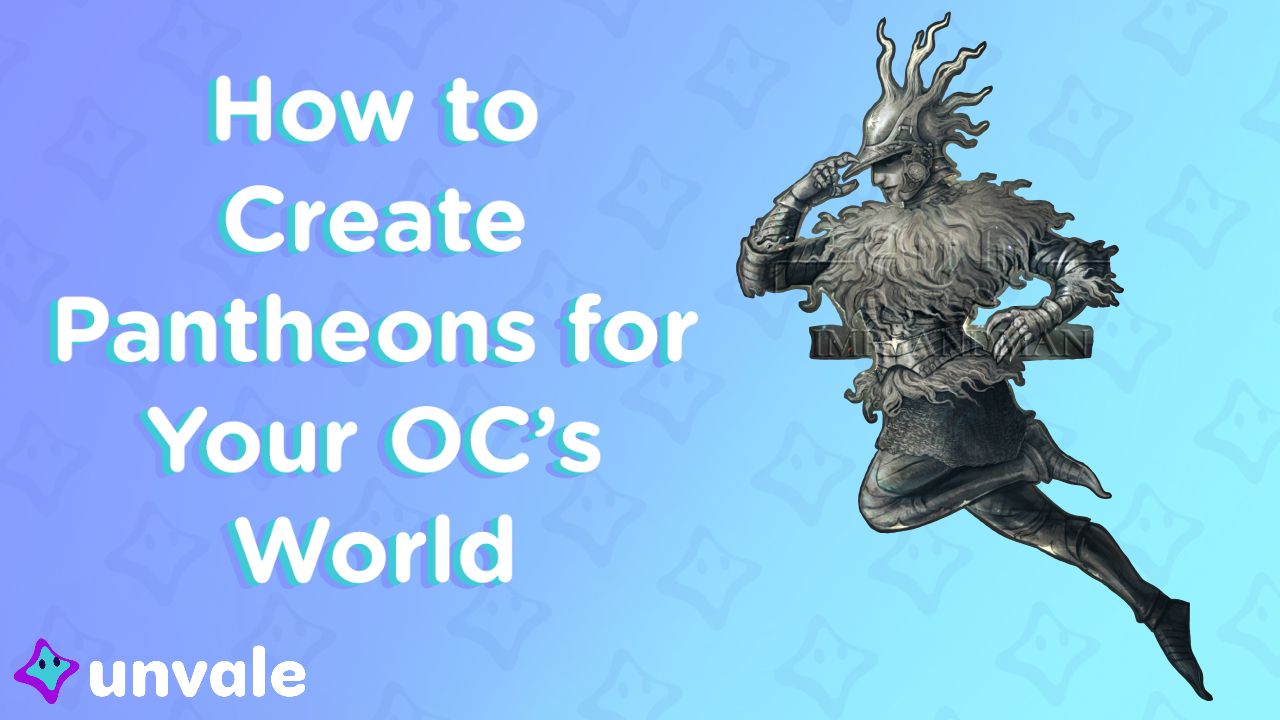 Art depicts a celestial guardian born of the stars alongside the text "How to Create Pantheons for Your OC's World."