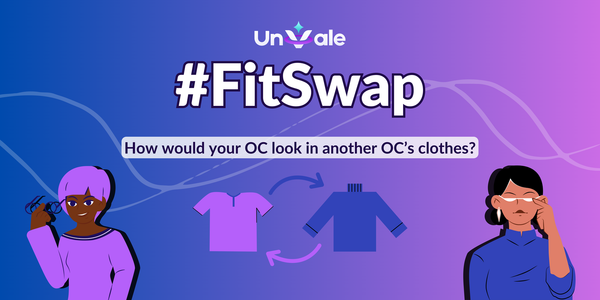 Blue and purple gradient background with two people on each side and two shirts in the middle with a swapping symbol.