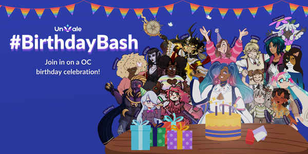 A plain blue background showing party decorations, gifts and a cake with various OCs gathered at a table. 