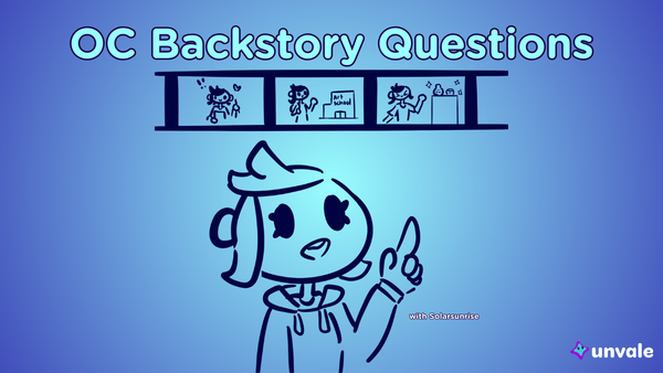 Light and regular blue gradient background. Text reads "OC Backstory Questions". A doodle of Solar explaining some lore is present in the image.