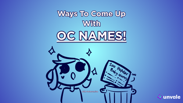 Light and regular blue gradient background. Text reads "Ways To Come Up with OC Names!". A doodle of Solar throwing top 100 popular names in the trash.