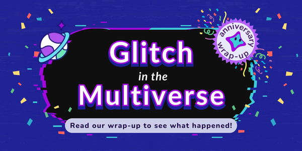 Purple and blue planet and pixels frame Glitch in the Multiverse, an Unvale anniversary event wrap-up