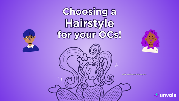 Light and regular purple gradient background. Text reads "Choosing a Hairstyle for your OCs!". A doodle of Whimsy in stylish pigtails and two clipart characters with different hairstyles.