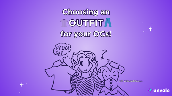 Light and regular purple gradient background. Text reads "Choosing an OUTFIT for your OCs!". A doodle of a decision making Whimsy holding two articles of clothing..