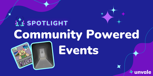 Event squares and purple/blue sparkles frame the title Community Powered Events Spotlight
