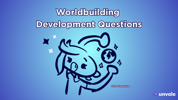 Light and regular blue gradient background. Text reads "Worldbuilding Development Questions". A doodle of Solar holding a the world!