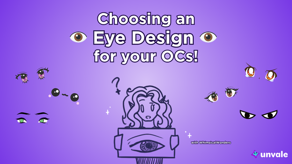 Light and regular purple gradient background. Text reads "Choosing an Eye Design for your OCs!". A doodle of Whimsy holding an eye drawing