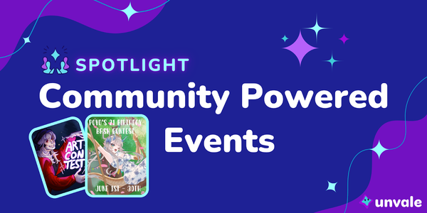 Event squares and purple/blue sparkles frame the title Community Powered Events Spotlight