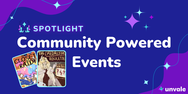 Event squares and purple/blue sparkles frame the title Community Powered Events Spotlight