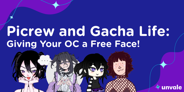 Blue and purple background with sparkles frame the title "Picrew and Gacha Life: Giving Your OC a Free Face!". On the image are 4 different character creators of the same OC