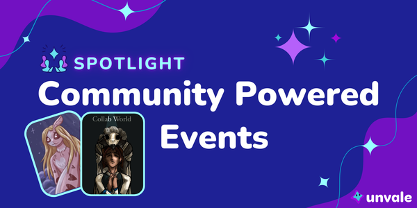 A blue and purple graphic that reads "Community Powered Events" featuring two images of spotlighted events.