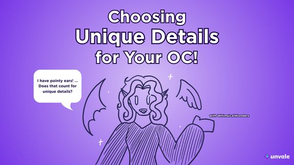 Light and regular purple gradient background. Text reads "Choosing Unique Details for Your OC!". A doodle of Whimsy with wings and glowing eyes