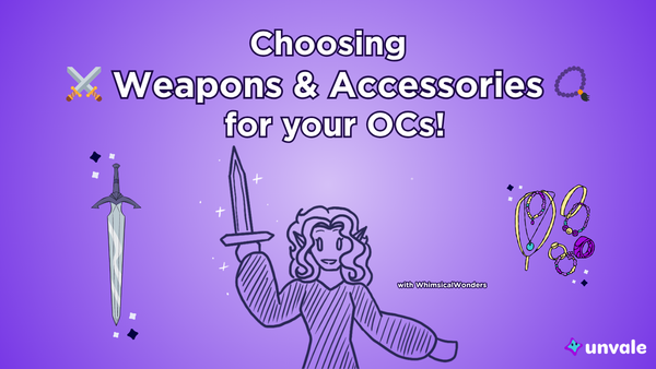 Light and regular purple gradient background. Text reads "Choosing Weapons & Accessories for your OCs!". A doodle of Whimsy holding an sword?! Put that down!