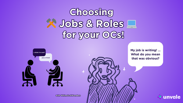 Light and regular purple gradient background. Text reads "Choosing Jobs and Roles for your OCs!". A doodle of Whimsy talking about her job as a writer