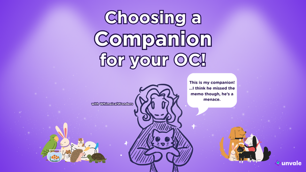 Light and regular purple gradient background. Text reads "Choosing a Companion for Your OC!". A doodle of Whimsy holding her pet while surrounded by other animals