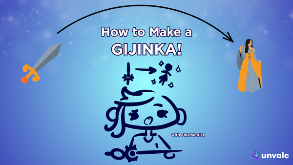 Light and regular blue gradient background. Text reads "How to make a gijinka". A doodle of Solar holding a sword thinking of how to turn it into a cool person.