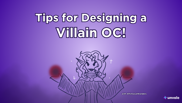 Light and dark purple gradient background. Text reads "Tips for Designing a Villain OC!". A doodle of a villainous Whimsy! How scary!