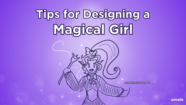 Light and standard purple gradient background. Text reads "Tips for Designing a Magical Girl". A doodle of a magical girl Whimsy!