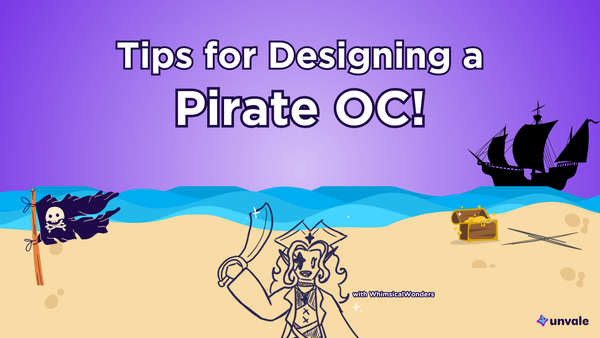 Purple gradient background with ocean waves and sand. Text reads "Tips for Designing a Pirate OC!". A doodle of a pirate Whimsy next to a pirate flag, chest of gold, and an X in the sand!