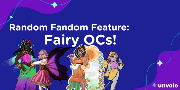 A blue and purple graphic with four characters that reads "Random Fandom Feature: Fairy OCs!"