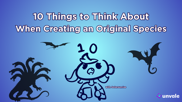 Light and regular blue gradient background. Text reads "10 Things to Think About When Creating an Original Species". A doodle of Solar with a pen and paper looking up into the sky..