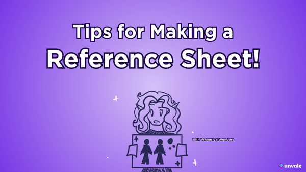 Light and standard purple gradient background. Text reads "Tips for Making a Reference Sheet!". A doodled Whimsy holding up a reference sheet.