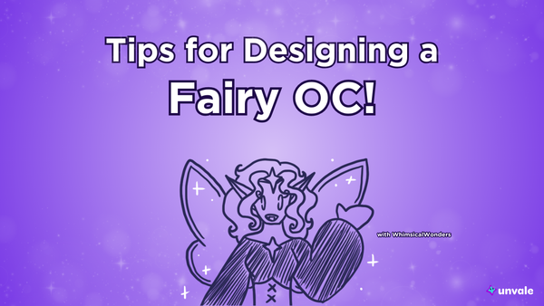 Light and standard purple gradient background. Text reads "Tips for Simplifying an OC Design!". A doodled Whimsy as a fairy!