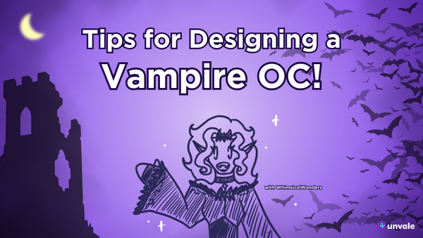 Light and standard purple gradient background. Text reads "Tips for Designing a Vampire OC!". A doodled Whimsy her natural vampire state surrounded by bats!