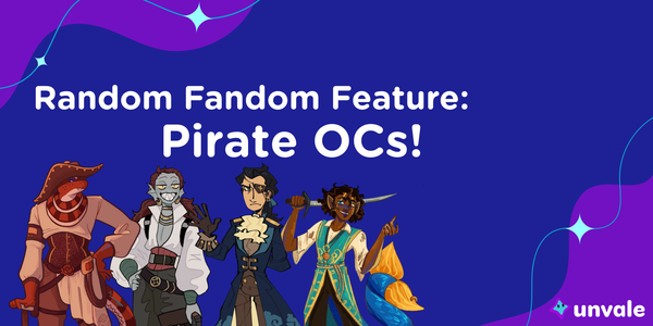 A blue and purple graphic with four characters that reads "Random Fandom Feature: Pirate OCs!"