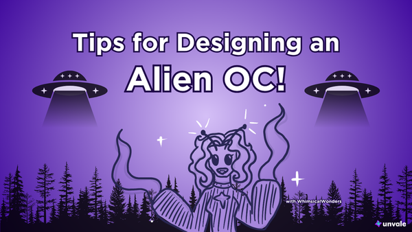 Light and dark purple gradient background. Text reads "Tips for Designing an Alien OC!". A doodle of Whimsy as an alien.