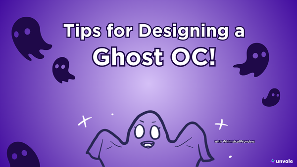 Light and dark purple gradient background. Text reads "Tips for Designing a Ghost OC!". A doodle of a scary ghost that's totally not Whimy surrounded by other ghosts.