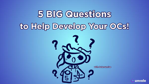 Light and regular blue gradient background. Text reads "5 BIG Questions to Help Develop Your OCs!". A doodle of Solar surrounded by question marks pointing to a number 5.