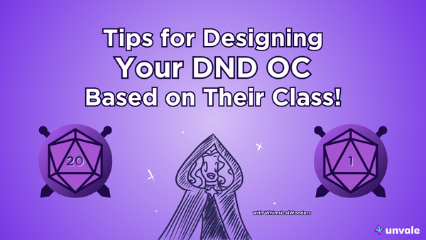 Light and regular purple gradient background. Text reads "Tips for Designing Your DND OC Based on Their Class!". A doodle of Whimsy in a cloak with two dice by her sides