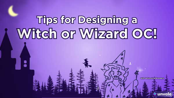 Light and regular purple gradient background. Text reads "Tips for Designing a Wizard or Witch OC!". A doodle of Whimsy dressed as a wizard in a fantasy setting