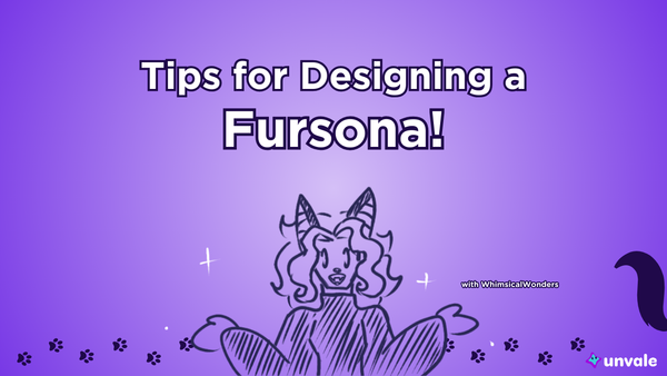 Light and regular purple gradient background. Text reads "Tips for Designing a Fursona!". A doodle of Whimsy with bat ears