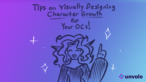 Cartoon character pointing upwards as she talks about visually designing character growth!