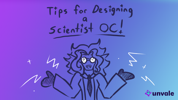 Doodle of the blog writer in a lab coat and googles under text reading "Tips for Designing a Scientist OC!"