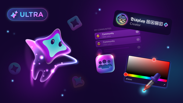 Lumi floating with the Unvale Ultra logo above. To the right there are examples of the color picker, custom display names, and the communities feature.