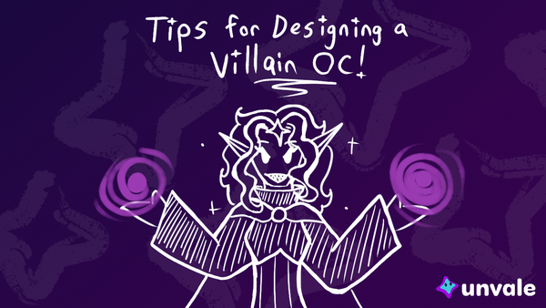 Image features a doodle of the blog writer in a villainous outfit, under the text “Tips for Designing a Villain OC!”