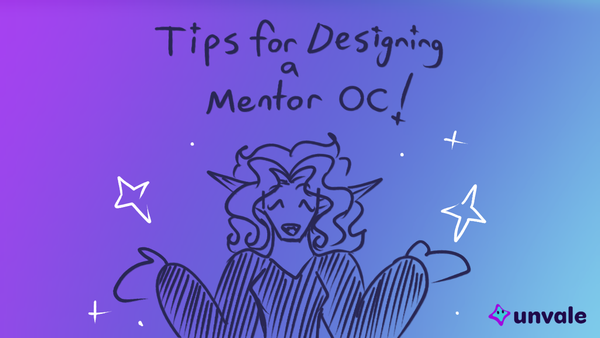 Image depicts a doodle of the blog writer with some stars as well as the text "Tips for Designing a Mentor OC!"