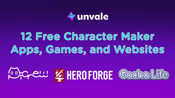 A blue and purple gradient background with the title “12 Free Character Maker Apps, Games, and Websites”. The thumbnail features the Picrew, HeroForge, and GachaLife logos.