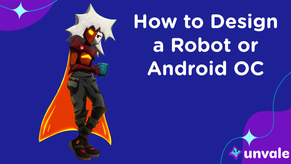 Image depicts a character in armor and a robot mask alonside the text: "How to Design a Robot or Android OC.