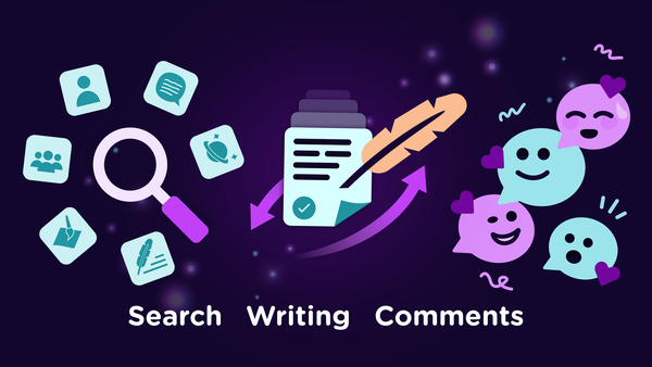 A search icon surrounded by Unvale icons next to a writing icon, and a bunch of faces on different color comment chat bubbles. Underneath it says "Search Writing Comments"