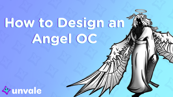 Image depicts an angel character with large wings and a white robe alongside the text "How to Design an Angel OC."